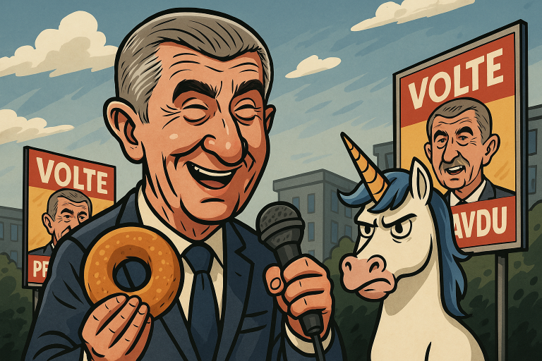 satirická ilustrace Babiše a jednorožce