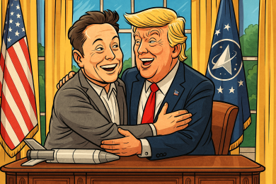 satirická ilustrace Trump a Muska s jednorožcem