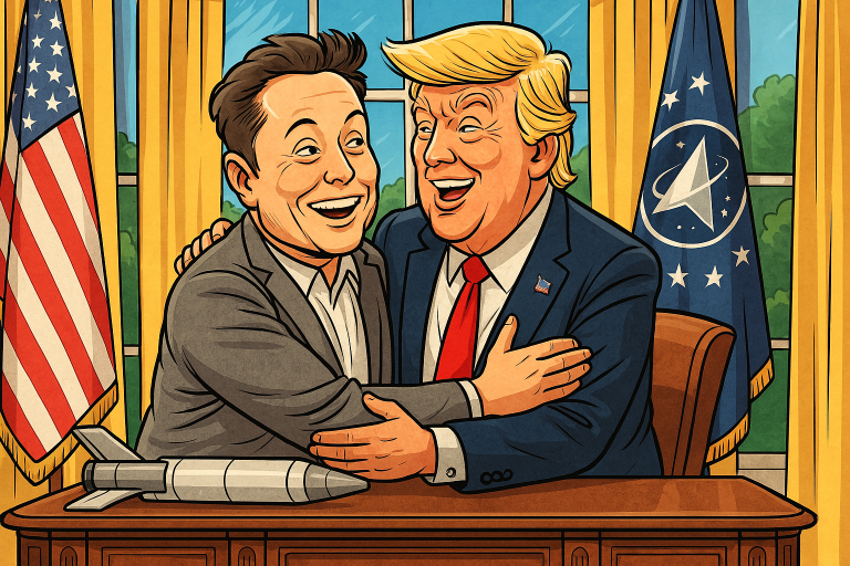 satirická ilustrace Trump a Muska s jednorožcem