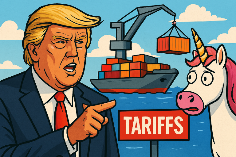 satirická ilustrace Trump a cla s jednorožcem